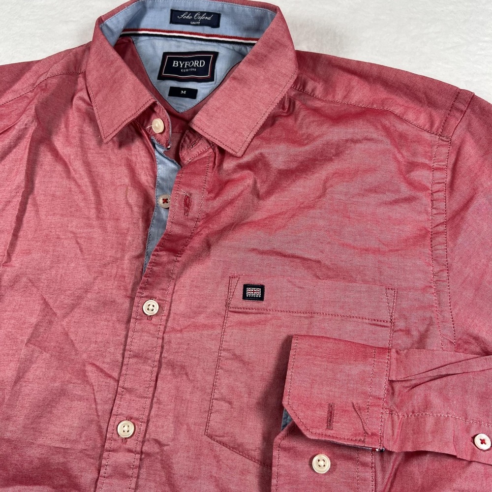 Byford Soho Oxford Shirt Mens Medium Red Chambray Slim Fit Long Sleeve Button Up